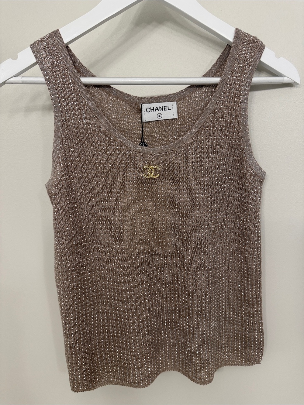CHANEL Shimmer Knit Tank Top in Metallic Taupe with Gold CC